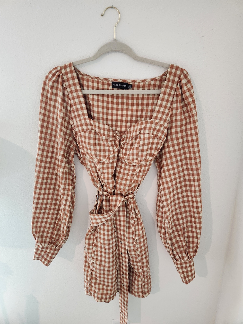 PrettyLittleThing Rust and Cream Gingham Tie-Front Dress